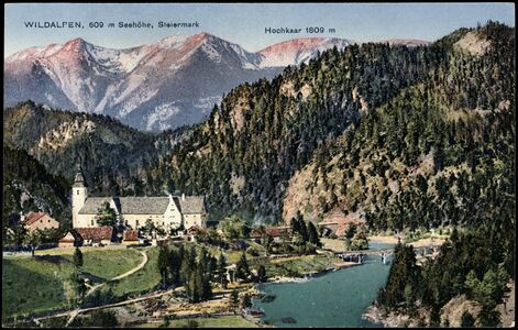 Blick auf Wildalpen mit der Salza, eine kolorierte historische Ansichtskarte aus dem Jahr 1918.