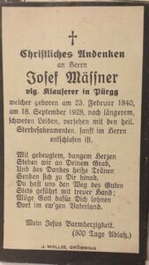 Sterbebild von Josef Mässner 1928